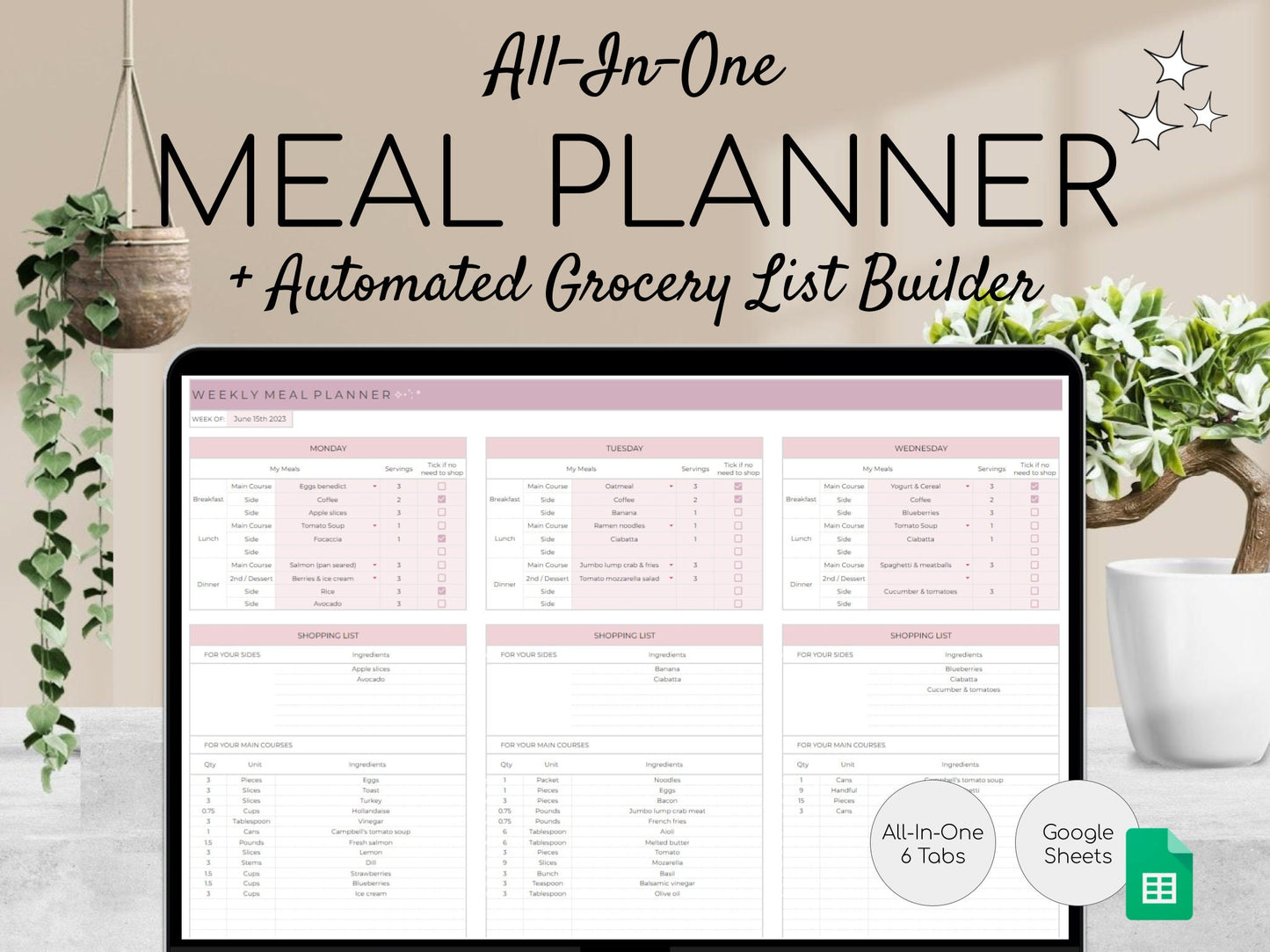 Weekly Meal Planner and Grocery List | Google Sheets Digital Template